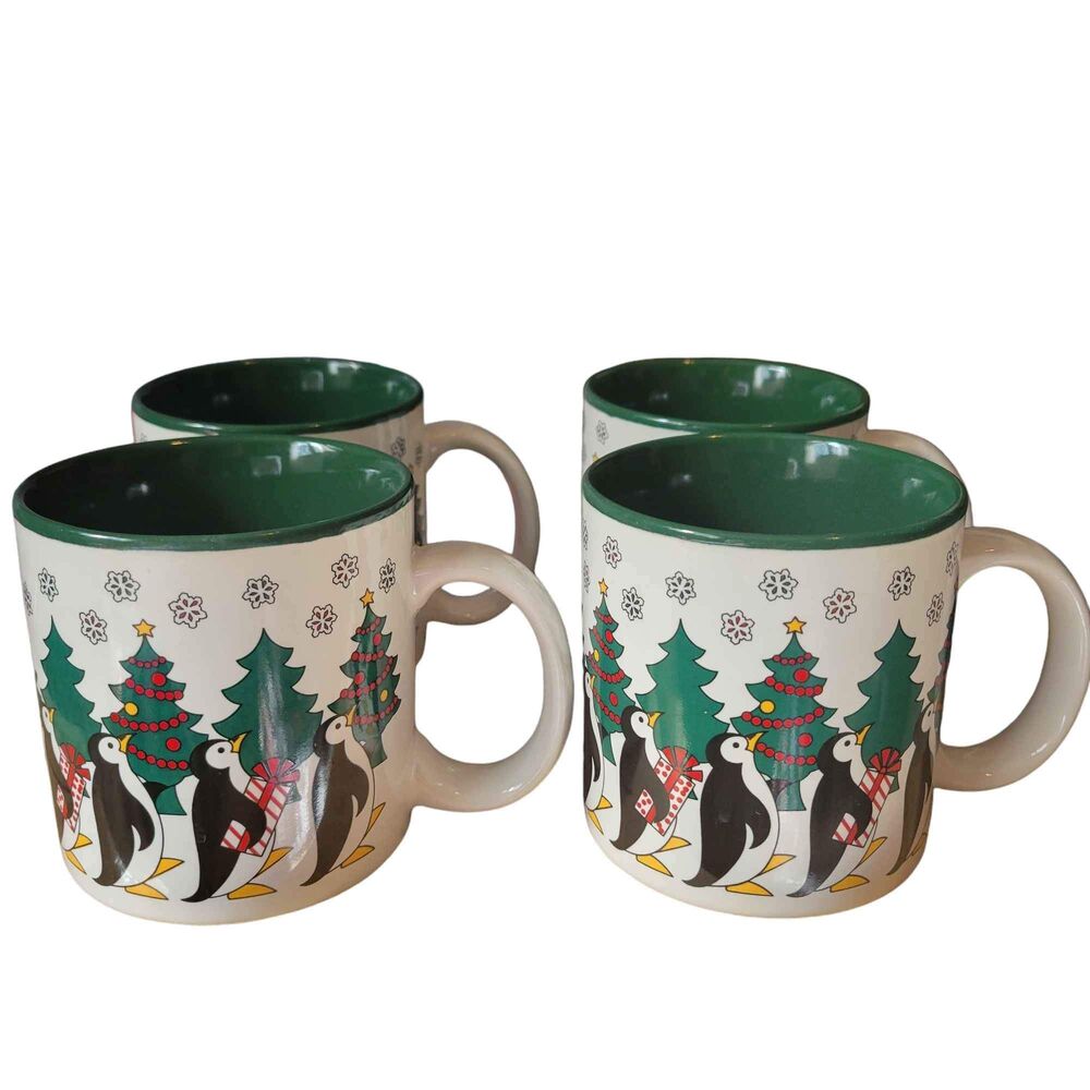 4 Vintage Penguin Holiday Christmas Mugs original box